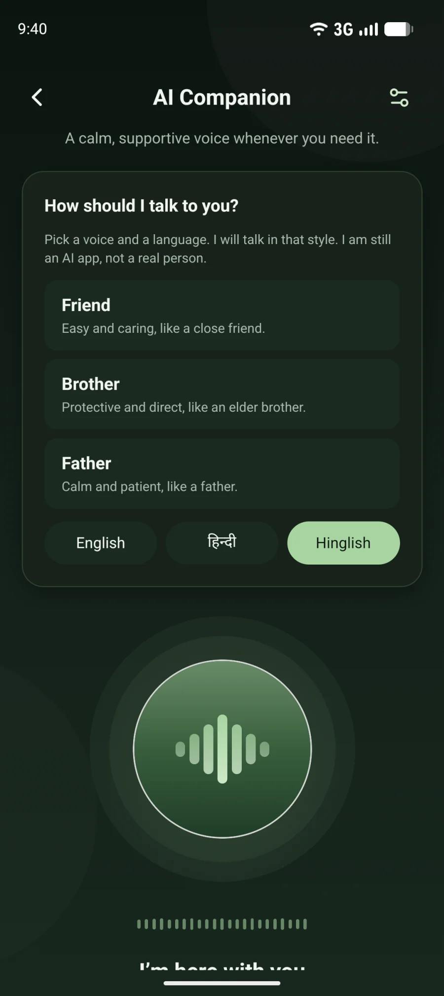 The AI Companion asking how it should talk: like a friend, a brother or a father