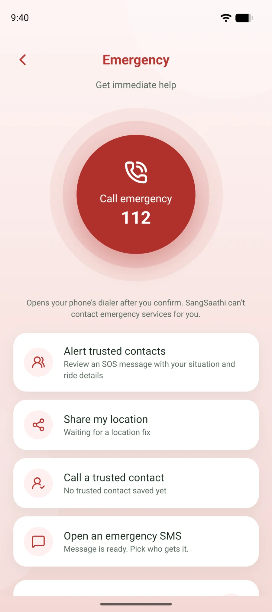 The Emergency screen with a button to call 112, alert trusted contacts, share location and send an SMS