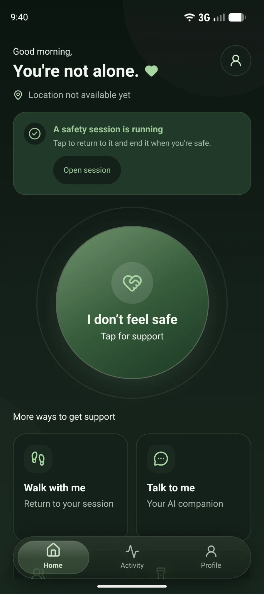The SangSaathi home screen with a large I don't feel safe button