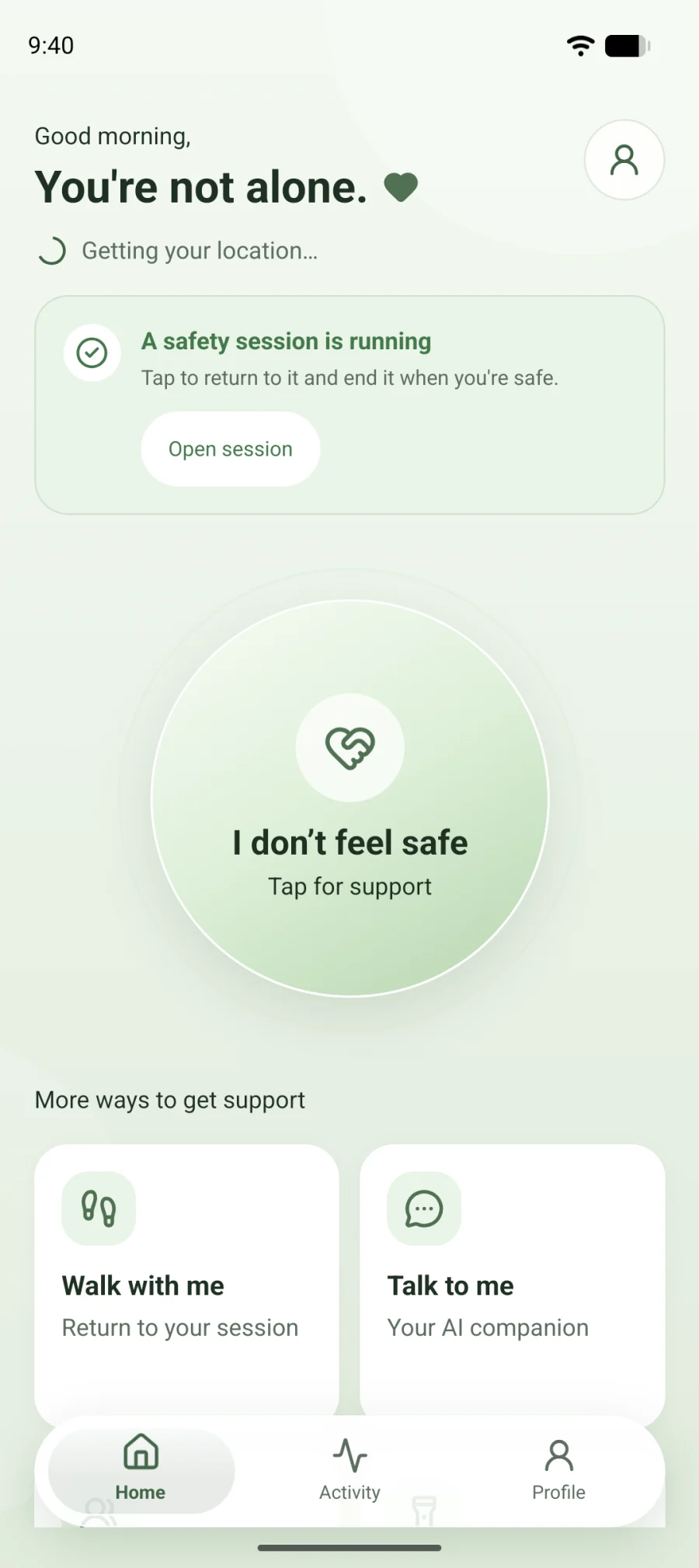 The home screen during a walk, showing that a safety session is running