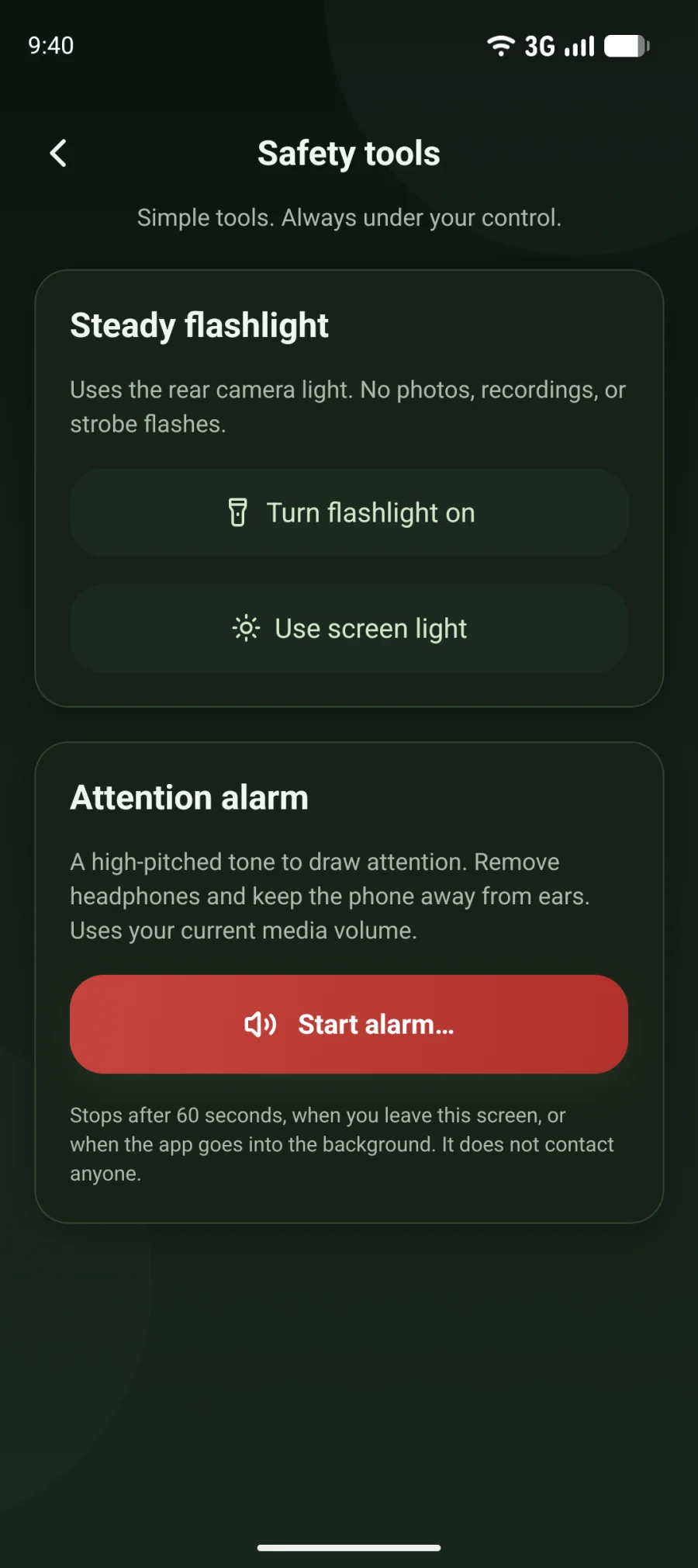 Safety tools with a steady flashlight and an attention alarm